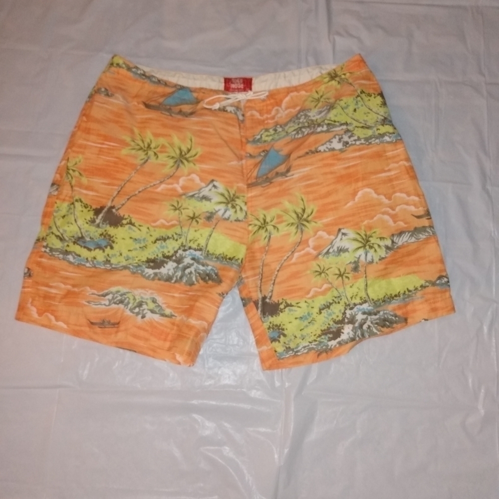 Men's Toes on the Nose Swim Shorts, sz 36, Orange tropical print, pre-ow…